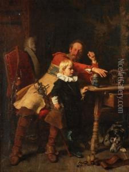 Interieurszene Mit Vater Und Kind Oil Painting - Gabriel Von Hackl