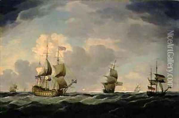 An English Flagship Under Easy Sail in a Moderate Breeze Oil Painting - Charles Brooking