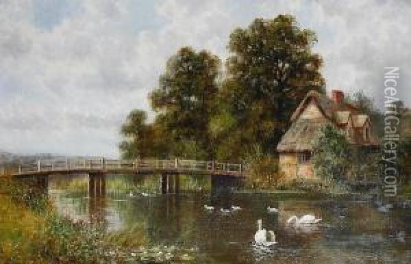 Swans On A River Before A Thatchedcottage Oil Painting - Daniel H. Winder