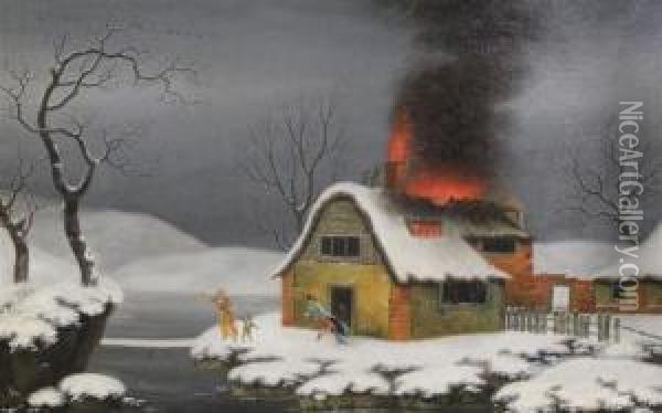 Burning Cottage In Winter Oil Painting - George Smith