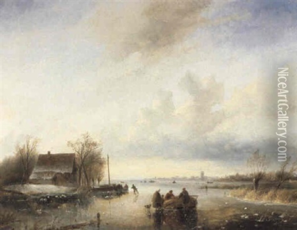On A Frozen Lake Oil Painting - Andreas Schelfhout