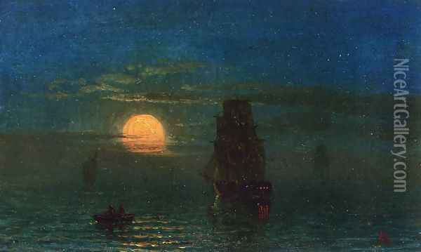 Ships in Moonlight Oil Painting - Albert Bierstadt