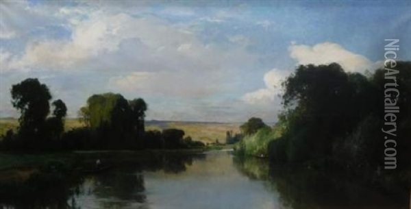 Barques Sur La Seine Oil Painting - Eugene Antoine Samuel Lavieille