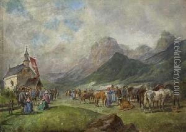 Viehmarkt Vor Schweizer Bergkapelle Oil Painting - Ludwig Muller-Cornelius