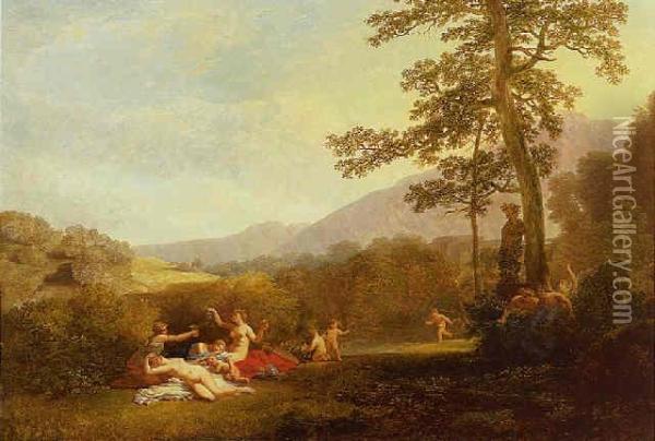 Nymphs And Fauns In A Landscape With A Statue Of Pan Oil Painting - Jacques Antoine Vallin