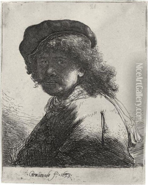 Self Portrait In A Cap And Scarf With The Face Dark: Bust Oil Painting - Rembrandt Van Rijn