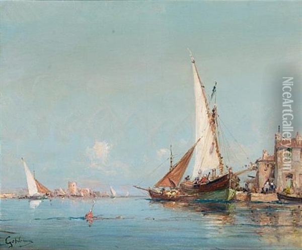 View Of The Venetian Lagoon (+ Another Similar; Pair) Oil Painting - Alfred Godchaux