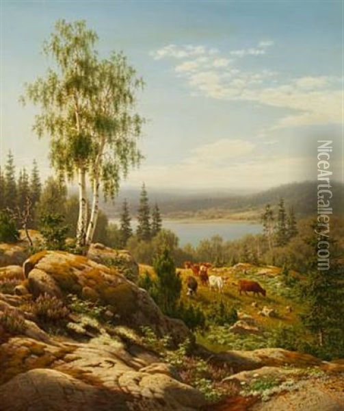 Klippelandskab Med Koer, Smaaland Oil Painting - Carl Henrik Bogh