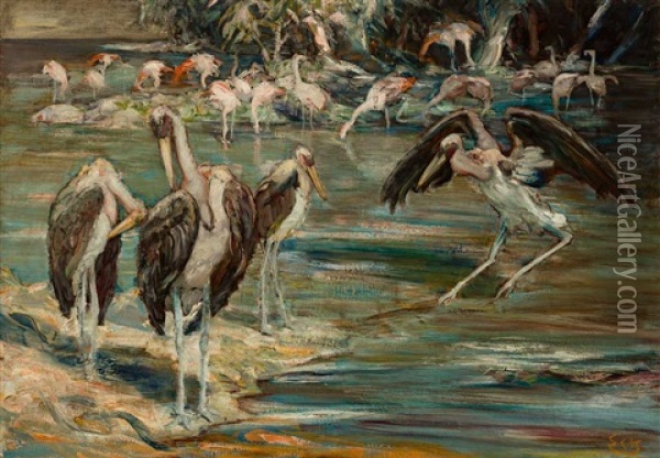 Uferstuck Mit Flamingos Und Marabus Oil Painting - Ernst Eck