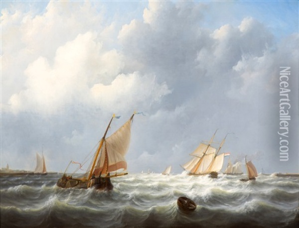 Ships Sailing Under The Dutch Flag On Choppy Water Oil Painting - Frans Jacobus van den Blyk