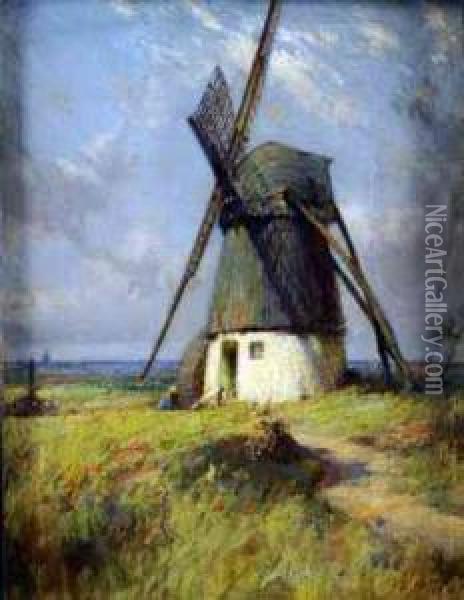 Impressionistic Rural Scene, Figure Before Awindmill Oil Painting - James de Vine Aylward