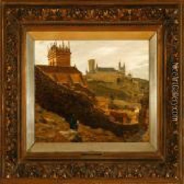 View Of Segovia In Spain With An Artist In The Foreground Oil Painting - Heinrich Hansen