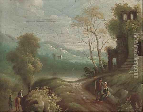 A river landscape with peasants on a path Oil Painting - Flemish School