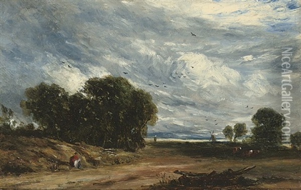 Figures Sheltering By The Wayside (+ Oil Of A Lock; 2 Works) Oil Painting - David Cox the Elder