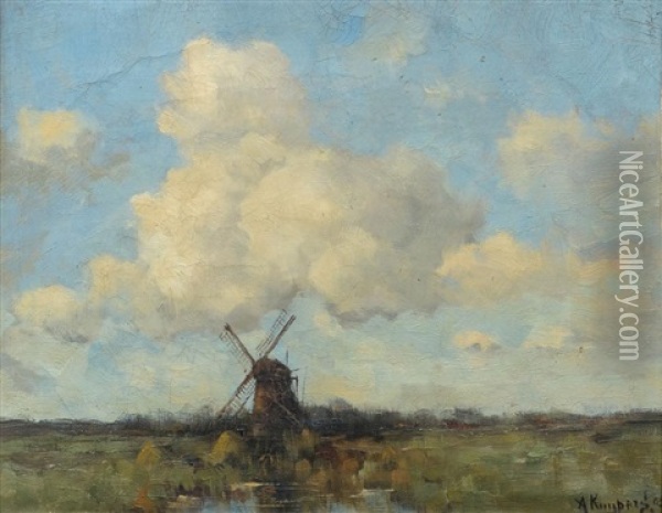 Dutch Windmill Landscape Oil Painting - Adrianus Kuypers