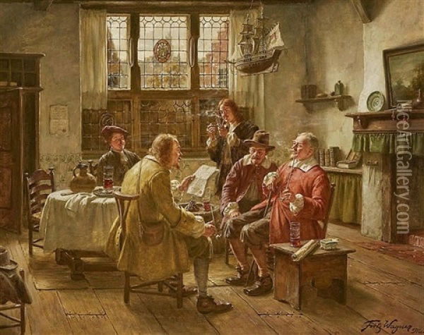 Smokers In A Dutch Parlour Studying A Letter Oil Painting - Fritz Wagner