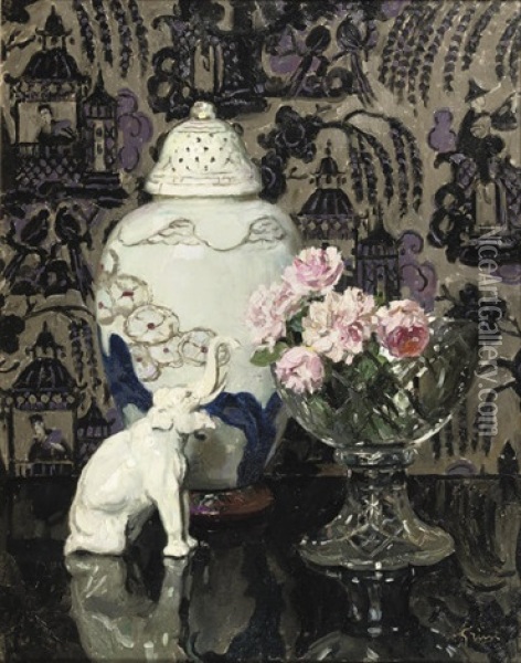 Still Life With Porcelain Elephant And Roses In A Glass Bowl Oil Painting - Jules Alexandre Gruen
