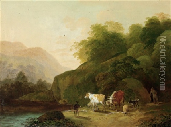 Gebirgige Flusslandschaft Mit Einem Hirten Und Herde Oil Painting - Johann Christian Klengel