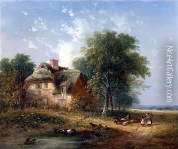 Figures By A Thatched Cottage Oil Painting - Samuel David Colkett