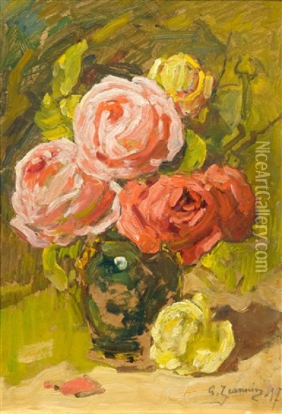 Bouquet Of Roses In Vase Oil Painting - Georges Jeannin