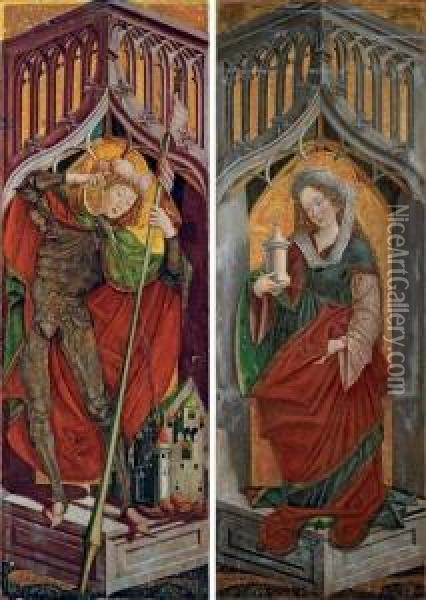 St Florian Of Lorch, Left Wing From An Alterpiece (interior); And Mary Magdalene, Right Wing From An Altarpiece (interior) Oil Painting - Friedrich Pacher