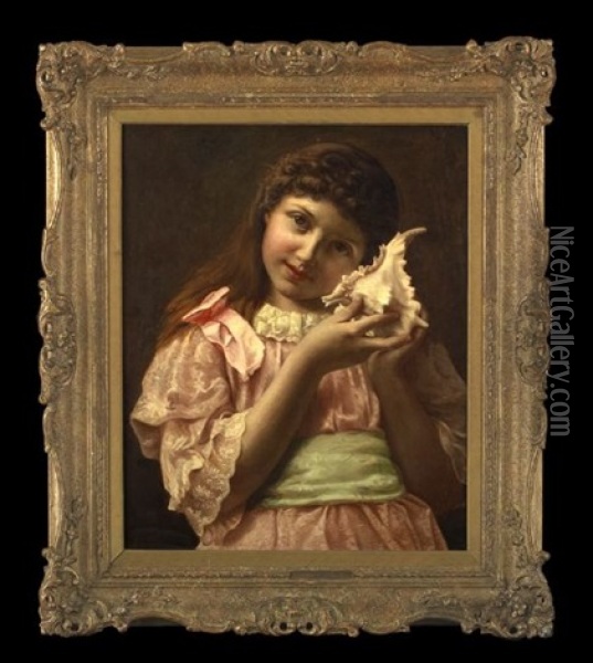 Portrait Of A Girl In A Pink Dress Holding A Seashell Oil Painting - John Morgan