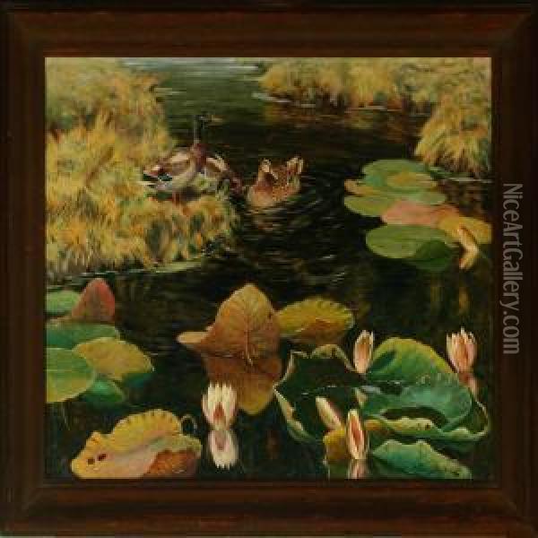 Ducks In A Stream Of Newly Sprouted Waterlilies Oil Painting - William Gislander