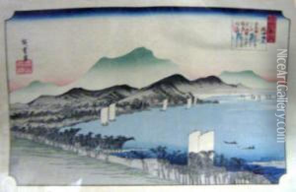 'biwa Ko ', Two Views, Colour Woodblock Prints, 25cm X 37cm, Unframed Oil Painting - Ii Hiroshigeando