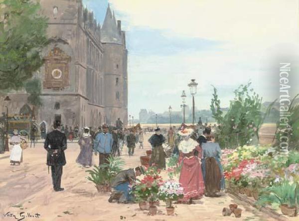 Flower Sellers Before The Conciergerie, Paris Oil Painting - Victor-Gabriel Gilbert