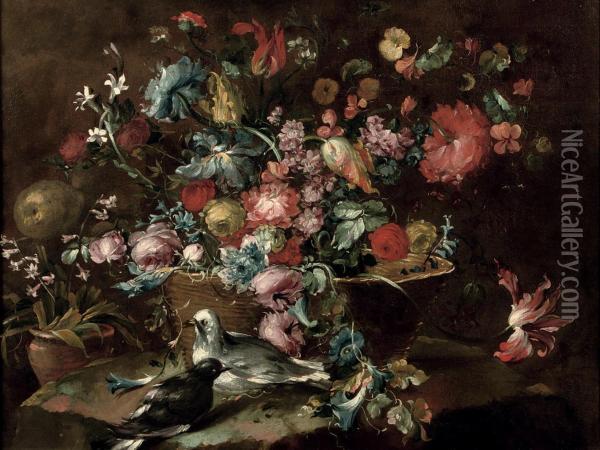 Flowers Including Roses And Tulips In A Basket, With A Pair Ofpigeons Nearby Oil Painting - Francesco Guardi