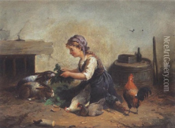 Feeding The Rabbits Oil Painting - Cornelis van Leemputten