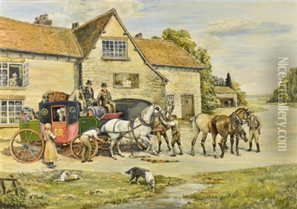 Changing Horses At The Swan Inn Oil Painting - Samuel Joseph Clark