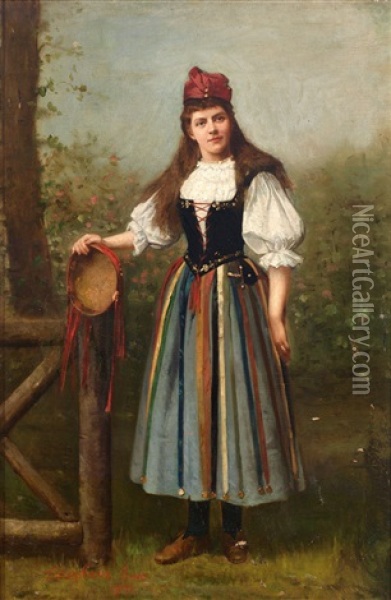 Portrait Einer Jungen Frau In Tracht Mit Tambourin Oil Painting - Stefano Novo