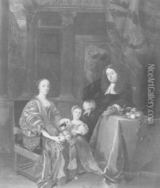 A Family Portrait In An Interior Oil Painting - Theodorus Netscher