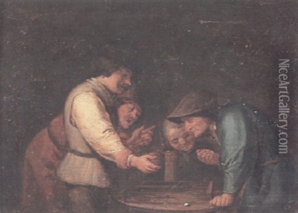 Figures Gathered Around A Table Playing Backgammon Oil Painting - Adriaen Brouwer