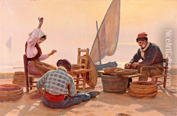Pescadores En La Playa Oil Painting - Dionisio Baixeras y Verdaguer