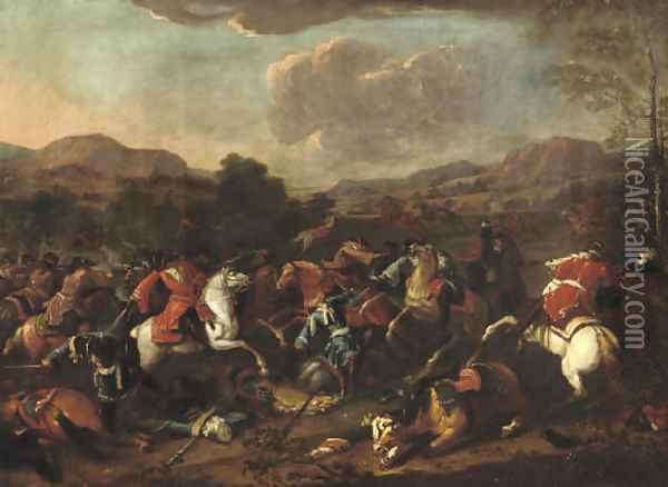 A cavalry skirmish in an extensive river landscape, said to be Prince Eugene de Savoy at the Battle of Blenheim, 1704 Oil Painting - Jan van Huchtenburg