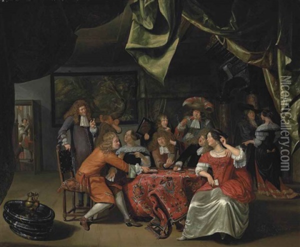 Elegantly Dressed Figures Playing Cards At A Draped Table In An Interior Oil Painting - Matthys Naiveu