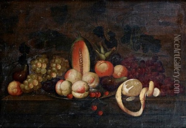 Nature Morte Aux Melons, Peches, Raisins Et Citrons Sur Un Entablement Oil Painting - Michiel Simons