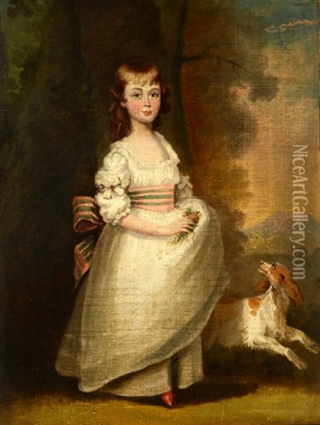 Study Of A Young Girl In A White Dress With Cocker Spaniel At Her Heel Oil Painting - Thomas Hickey