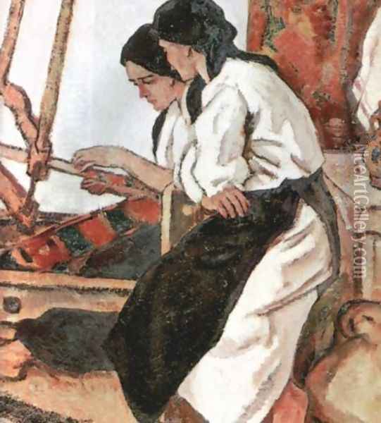 Peasant women working at a loom Oil Painting - Stefan Dimitrescu