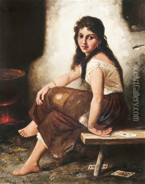 Fortuneteller Oil Painting - Janos Valentiny