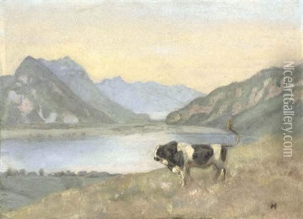 Thuner- Und Brienzersee Mit Freiburgstier (lake Thun And Brienz With Freiburg Simmental Bull) Oil Painting - Ferdinand Hodler