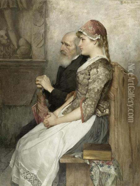 Girl With Older Man On A Church Bench Oil Painting - Theodor Matthei