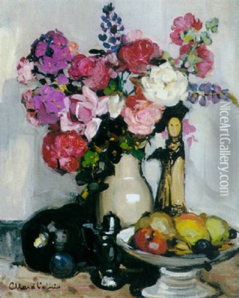 A Still Life With Pink Flowers And A Chinese Statue Oil Painting - Fernand Allard L'Olivier