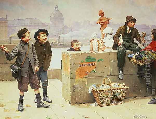 Young Pedlars on the Pont Des Arts, Paris Oil Painting - Paul Charles Chocarne-Moreau