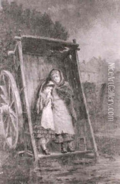 Farm Children Sheltering Under A Cart Oil Painting - John Hodgson Campbell