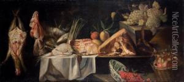 Garde-manger : Nature Morte Au 
Gibier Avec Raisins, Panier De Poires, Coupe De Cerises Et Asperges Oil Painting - Felice Boselli Piacenza