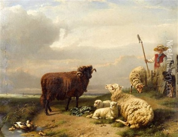 Berger, Belier, Brebis Et Agneaux Oil Painting - Daniel-Adolphe-Robert Jones