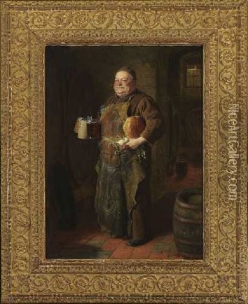 Bruder Schaffler Mit Bierkrugen Und Brotzeit Im Klosterkeller Oil Painting - Eduard von Gruetzner